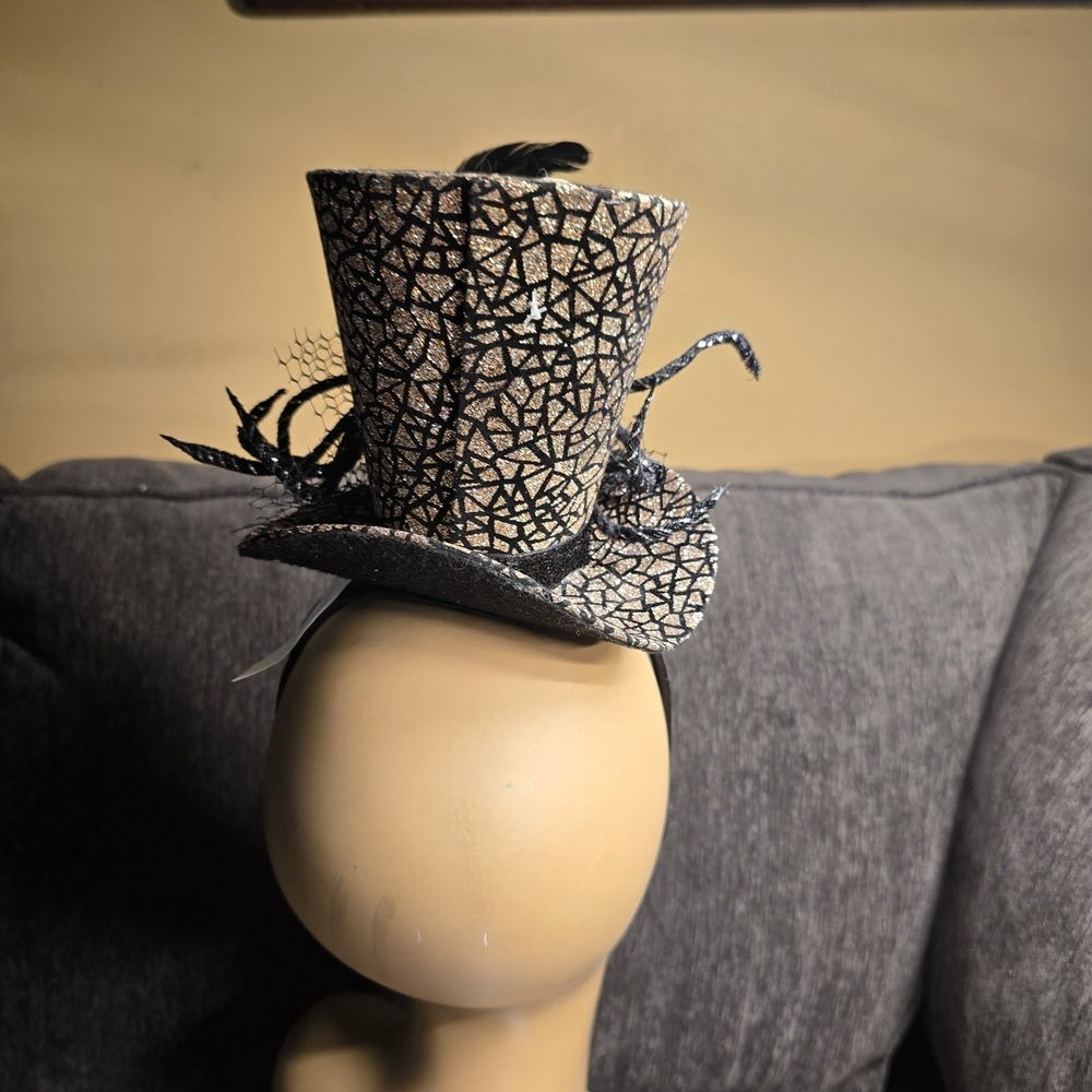 Rose Gold Black Metallic Mini Top Hat Headband‎ Feathers Fascinator Costume - Picture 5 of 6